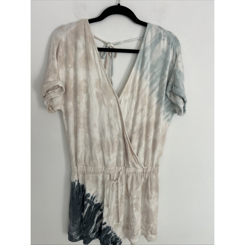 Vintage Havana Medium Short Sleeve Tie-Dye Soft Knit V-Neck Blue Cream Romper